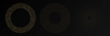 Soyut altın parlayan yarım tonlu noktalı arkaplan. Daire şeklinde üç altın parıltılı desen. Yarım ton noktalarını çember yapın. Vektör illüstrasyonu