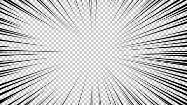 Şeffaf arkaplanda siyah çizgileri olan çizgi roman sayfası. Patlama ışınları desenli şablon dokuyu etkiler. Vektör illüstrasyonu