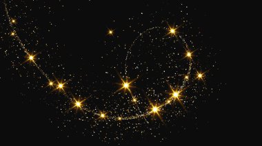 Altın parıldayan konfeti dalgası ve yıldız tozu. Koyu arkaplanda altın sihirli parıltılarla arka plan. Vektör illüstrasyonu