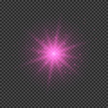 Lens fişeklerinin ışık etkisi. Mor parlak ışık efektleri ve şeffaf bir arka planda parıltılar. Vektör illüstrasyonu