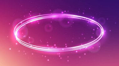 Parlak efektleri ve pembe arka planı olan neon oval çerçeve. Boş parlayan tekno fon. Vektör illüstrasyonu