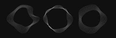 Dinamik dalgalı çizgili üç yuvarlak çerçeve seti. Siyah arka planda beyaz dalgalı daireler koleksiyonu. Tasarım elemanı. Vektör illüstrasyonu