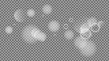 Bokeh şeffaf arkaplanda daireler çiziyor. Beyaz parlayan toz, parlayan ışıltı ve bokeh ışıkları. Vektör illüstrasyonu