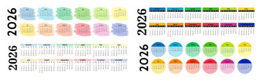 2026 için dört yatay takvim seti beyaz arka planda izole edildi. Pazardan pazartesiye, iş planı. Vektör illüstrasyonu