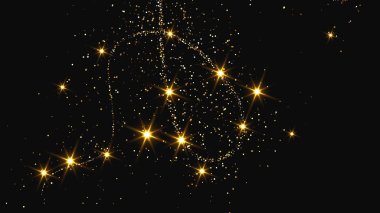 Altın parıldayan konfeti dalgası ve yıldız tozu. Koyu arkaplanda altın sihirli parıltılarla arka plan. Vektör illüstrasyonu