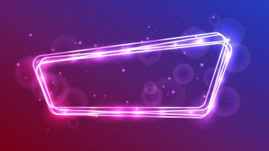 Neon yuvarlak çerçeve, parlak efektler ve mor arka planda parıltılar. Boş parlayan tekno fon. Vektör illüstrasyonu