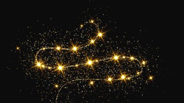 Altın parıldayan konfeti dalgası ve yıldız tozu. Koyu arkaplanda altın sihirli parıltılarla arka plan. Vektör illüstrasyonu