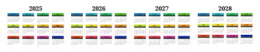 2025, 2026, 2027 ve 2028 için dört dikey takvim seti beyaz arka planda izole edildi. Pazardan pazartesiye, iş planı. Vektör illüstrasyonu