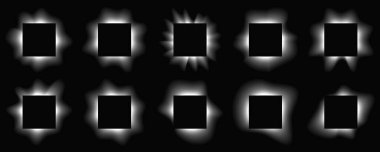 Büyük kare kareler gradyanı olan çerçeveleri aydınlatır. Siyah arkaplanda 10 beyaz neon pankart var. Vektör illüstrasyonu