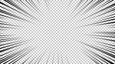 Şeffaf arkaplanda siyah çizgileri olan çizgi roman sayfası. Patlama ışınları desenli şablon dokuyu etkiler. Vektör illüstrasyonu
