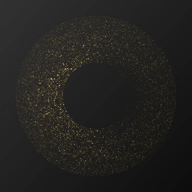 Soyut altın parlayan yarım tonlu noktalı arkaplan. Daire şeklinde altın parıltı deseni. Yarım ton noktalarını çember yapın. Vektör illüstrasyonu