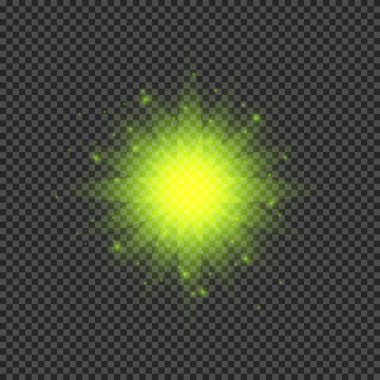 Lens fişeklerinin ışık etkisi. Şeffaf bir arka planda parıldayan yeşil ışıklar yıldız patlaması efektleri. Vektör illüstrasyonu