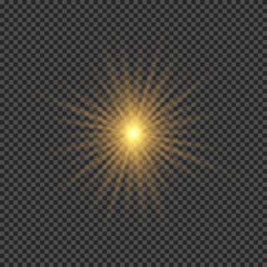Lens fişeklerinin ışık etkisi. Şeffaf arkaplanda parıldayan turuncu ışıklar yıldız patlaması efektleri. Vektör illüstrasyonu