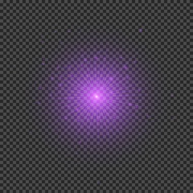 Lens fişeklerinin ışık etkisi. Mor parlak ışık efektleri ve şeffaf bir arka planda parıltılar. Vektör illüstrasyonu