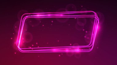 Neon yuvarlak paralelkenarlı çerçeve, parlak efektler ve kırmızı arka planda parıltılar. Boş parlayan tekno fon. Vektör illüstrasyonu