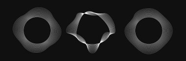 Dinamik dalgalı çizgili üç yuvarlak çerçeve seti. Siyah arka planda beyaz dalgalı daireler koleksiyonu. Tasarım elemanı. Vektör illüstrasyonu