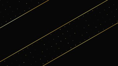 Soyut altın çizgileri ve parlak noktaları olan gösterişli, koyu bir arka plan. Işıldayan pırıltılı arkaplan. Modern şablonlar için şık ve zarif bir tasarım. Vektör illüstrasyonu