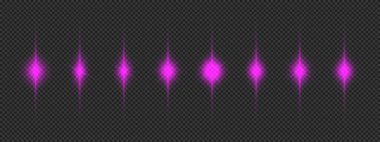 Lens fişeklerinin ışık etkisi. Gri şeffaf arkaplanda parıldayan sekiz mor parlak yıldız patlaması efekti. Vektör illüstrasyonu