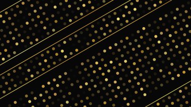 Soyut altın çizgileri ve parlak noktaları olan gösterişli, koyu bir arka plan. Işıldayan pırıltılı arkaplan. Modern şablonlar için şık ve zarif bir tasarım. Vektör illüstrasyonu