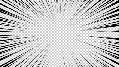 Şeffaf arkaplanda siyah çizgileri olan çizgi roman sayfası. Patlama ışınları desenli şablon dokuyu etkiler. Vektör illüstrasyonu