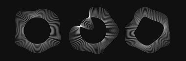 Dinamik dalgalı çizgili üç yuvarlak çerçeve seti. Siyah arka planda beyaz dalgalı daireler koleksiyonu. Tasarım elemanı. Vektör illüstrasyonu