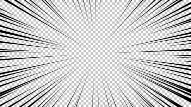 Şeffaf arkaplanda siyah çizgileri olan çizgi roman sayfası. Patlama ışınları desenli şablon dokuyu etkiler. Vektör illüstrasyonu