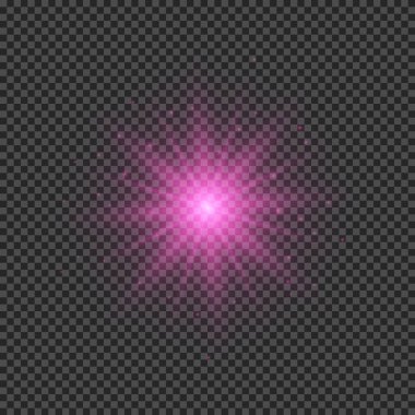 Lens fişeklerinin ışık etkisi. Mor parlak ışık efektleri ve şeffaf bir arka planda parıltılar. Vektör illüstrasyonu