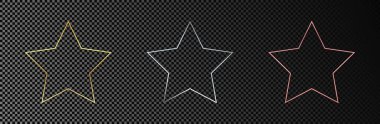 Üç adet altın, gümüş ve gül rengi parıldayan yıldız şeklindeki çerçeve koyu şeffaf arkaplanda izole edilmiş. Parlak efektli parlak bir çerçeve. Vektör illüstrasyonu