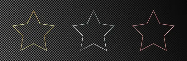 Üç adet altın, gümüş ve gül rengi parıldayan yıldız şeklindeki çerçeve koyu şeffaf arkaplanda izole edilmiş. Parlak efektli parlak bir çerçeve. Vektör illüstrasyonu