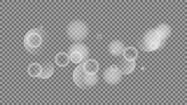 Bokeh şeffaf arkaplanda daireler çiziyor. Beyaz parlayan toz, parlayan ışıltı ve bokeh ışıkları. Vektör illüstrasyonu