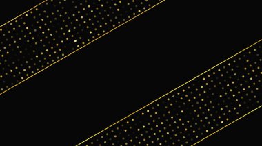 Soyut altın çizgileri ve parlak noktaları olan gösterişli, koyu bir arka plan. Işıldayan pırıltılı arkaplan. Modern şablonlar için şık ve zarif bir tasarım. Vektör illüstrasyonu