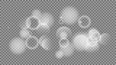 Bokeh şeffaf arkaplanda daireler çiziyor. Beyaz parlayan toz, parlayan ışıltı ve bokeh ışıkları. Vektör illüstrasyonu