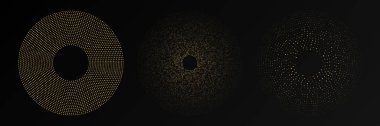 Soyut altın parlayan yarım tonlu noktalı arkaplan. Daire şeklinde üç altın parıltılı desen. Yarım ton noktalarını çember yapın. Vektör illüstrasyonu
