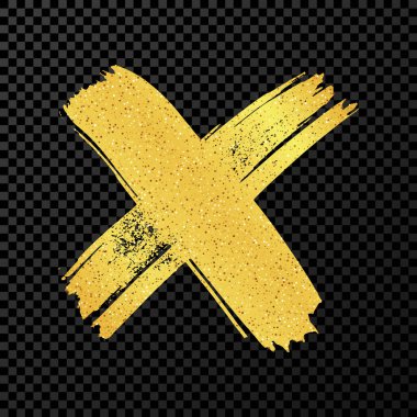 Hand drawn brush cross symbol. Gold sketch cross symbol on dark transparent background. Vector illustration