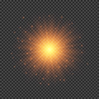 Lens fişeklerinin ışık etkisi. Şeffaf arkaplanda parıldayan turuncu ışıklar yıldız patlaması efektleri. Vektör illüstrasyonu
