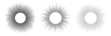 Üç güneş sembolü seti. Beyaz arka planda siyah güneş ışınları. Vektör illüstrasyonu