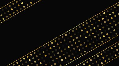 Soyut altın çizgileri ve parlak noktaları olan gösterişli, koyu bir arka plan. Işıldayan pırıltılı arkaplan. Modern şablonlar için şık ve zarif bir tasarım. Vektör illüstrasyonu