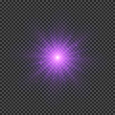 Lens fişeklerinin ışık etkisi. Mor parlak ışık efektleri ve şeffaf bir arka planda parıltılar. Vektör illüstrasyonu