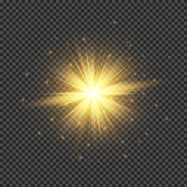 Lens fişeklerinin ışık etkisi. Şeffaf arkaplanda parıldayan turuncu ışıklar yıldız patlaması efektleri. Vektör illüstrasyonu