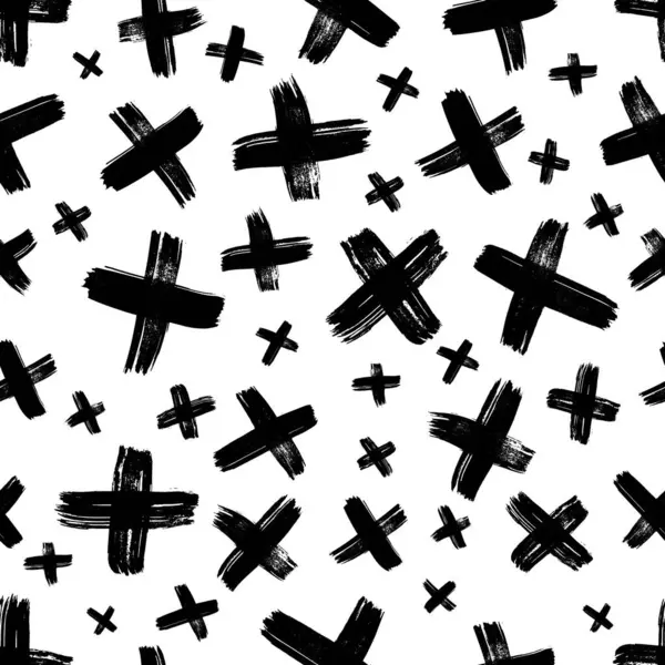 Elle çizilmiş çapraz sembollü kusursuz desen. Beyaz arka planda siyah çizim işareti. Vektör illüstrasyonu