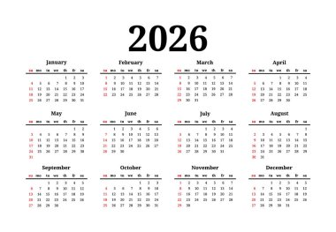 2026 takvimi beyaz arka planda izole edildi. Pazardan pazartesiye, iş planı. Vektör illüstrasyonu