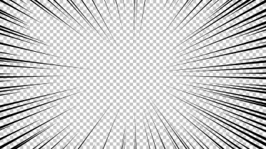 Şeffaf arkaplanda siyah çizgileri olan çizgi roman sayfası. Patlama ışınları desenli şablon dokuyu etkiler. Vektör illüstrasyonu