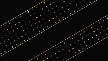 Soyut altın çizgileri ve parlak noktaları olan gösterişli, koyu bir arka plan. Işıldayan pırıltılı arkaplan. Modern şablonlar için şık ve zarif bir tasarım. Vektör illüstrasyonu