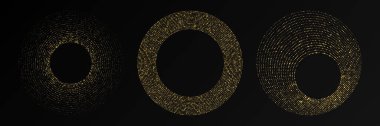 Soyut altın parlayan yarım tonlu noktalı arkaplan. Daire şeklinde üç altın parıltılı desen. Yarım ton noktalarını çember yapın. Vektör illüstrasyonu