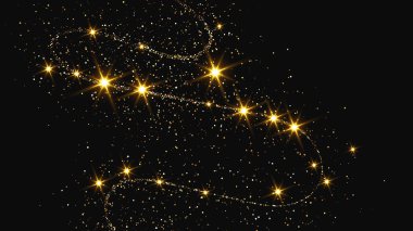 Altın parıldayan konfeti dalgası ve yıldız tozu. Koyu arkaplanda altın sihirli parıltılarla arka plan. Vektör illüstrasyonu