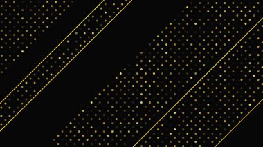 Soyut altın çizgileri ve parlak noktaları olan gösterişli, koyu bir arka plan. Işıldayan pırıltılı arkaplan. Modern şablonlar için şık ve zarif bir tasarım. Vektör illüstrasyonu