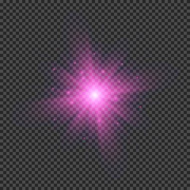 Lens fişeklerinin ışık etkisi. Mor parlak ışık efektleri ve şeffaf bir arka planda parıltılar. Vektör illüstrasyonu