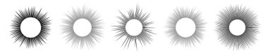 Beş güneş sembolü seti. Beyaz arka planda siyah güneş ışınları. Vektör illüstrasyonu