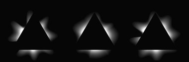 Bir üçgen kümesi çerçeveleri gradyanla aydınlatır. Siyah arkaplanda üç beyaz neon pankart var. Vektör illüstrasyonu