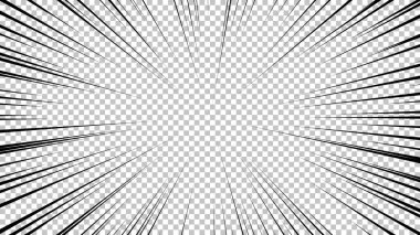 Şeffaf arkaplanda siyah çizgileri olan çizgi roman sayfası. Patlama ışınları desenli şablon dokuyu etkiler. Vektör illüstrasyonu
